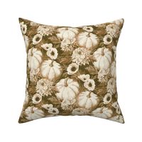 Pumpkin Floral in Autumn Brown with Linen Texture - medium