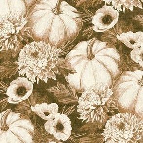 Pumpkin Floral in Autumn Brown with Linen Texture - medium