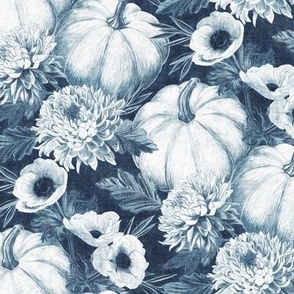 Pumpkin Floral in Denim Blues with Linen Texture - medium