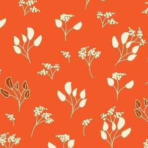 550 - Medium scale Autumn Botanical Tossed berries, leaves and branches in zesty bold tangerine orange, hand drawn leaves and branches  for apparel, home decor and home furnishings. 