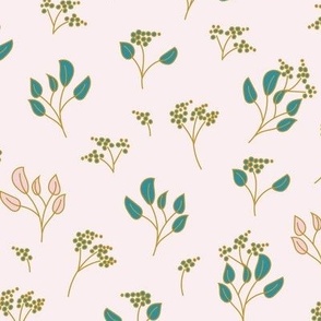 Teal, golden mustard, warm Cream and Pink Tossed Botanical medium Scale for Apparel and Home Decor-06