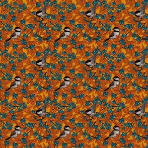 Chickadee birds on blueberry branches on orange, 12"