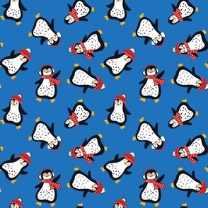 Happy Dancing Winter Penguins on Dark Blue Background