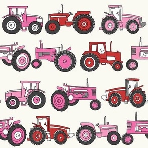 tractor fabric, tractors, vintage tractors  - neutral fabric, farm fabric, kids fabric - pink