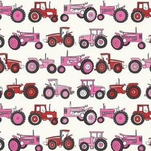 SMALL tractor fabric, tractors, vintage tractors  - neutral fabric, farm fabric, kids fabric - pink