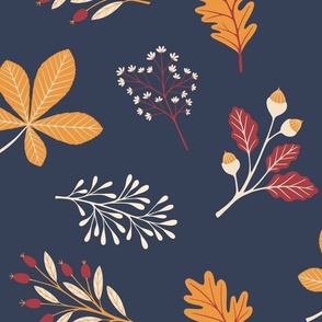 Autumn falling leaves navy blue