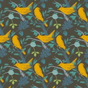 Autumnal Scene, Birds and Acorns Block Print