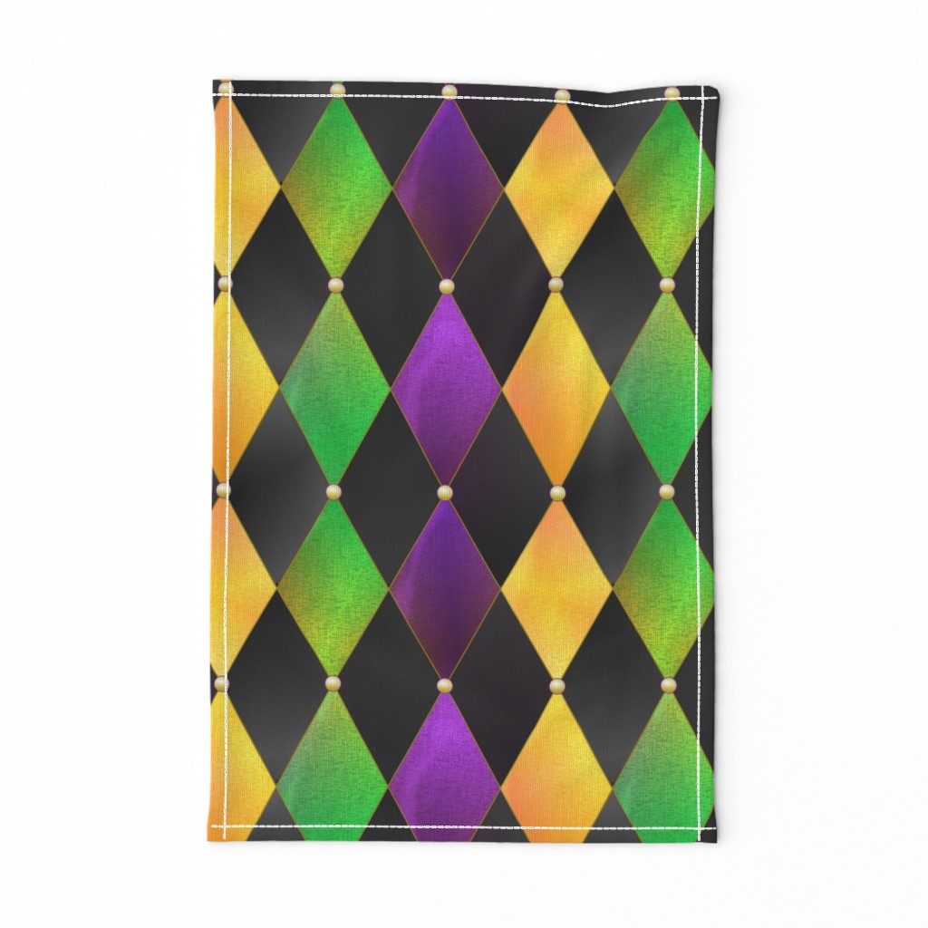 Mardi Gras Harlequin Argyle -- Mardi Gras Gold, Purple, Green Diamonds over Black -- 300dpi (50% of Full Scale) -- 10.52"x12.56" repeat