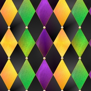 Mardi Gras Harlequin Argyle -- Mardi Gras Gold, Purple, Green Diamonds over Black -- 300dpi (50% of Full Scale) -- 10.52"x12.56" repeat