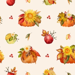 Watercolor Autumn Harvest // Pumpkins, Pomegranate, Sunflowers, Apples // © ZirkusDesign Floral, Fruit, Leaves, Berries, Hand Painted