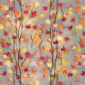 Fall Afternoon- Leaves on Gray Linen Background 