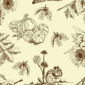 Fall Toile with Chipmunks, sunflowers and pumpkins 