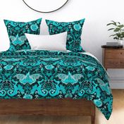 Blue Aqua Dragon Damask -- Gothic Snake, Butterfly Devil, Fleur de Lis in Aqua Blue and Black -- 42.1in x 35.01in repeat -- 242dpi (62% of Full Scale)