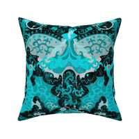 Blue Aqua Dragon Damask -- Gothic Snake, Butterfly Devil, Fleur de Lis in Aqua Blue and Black -- 42.1in x 35.01in repeat -- 242dpi (62% of Full Scale)