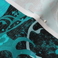 Blue Aqua Dragon Damask -- Gothic Snake, Butterfly Devil, Fleur de Lis in Aqua Blue and Black -- 42.1in x 35.01in repeat -- 242dpi (62% of Full Scale)