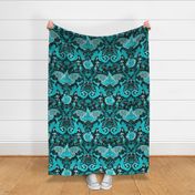 Blue Aqua Dragon Damask -- Gothic Snake, Butterfly Devil, Fleur de Lis in Aqua Blue and Black -- 42.1in x 35.01in repeat -- 242dpi (62% of Full Scale)