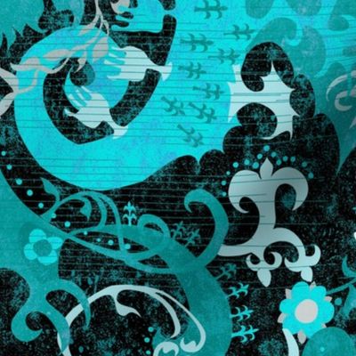 Blue Aqua Dragon Damask -- Gothic Snake, Butterfly Devil, Fleur de Lis in Aqua Blue and Black -- 42.1in x 35.01in repeat -- 242dpi (62% of Full Scale)