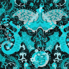 Blue Aqua Dragon Damask -- Gothic Snake, Butterfly Devil, Fleur de Lis in Aqua Blue and Black -- 42.1in x 35.01in repeat -- 242dpi (62% of Full Scale)