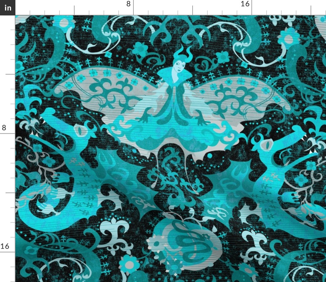 Blue Aqua Dragon Damask -- Gothic Snake, Butterfly Devil, Fleur de Lis in Aqua Blue and Black -- 42.1in x 35.01in repeat -- 242dpi (62% of Full Scale)