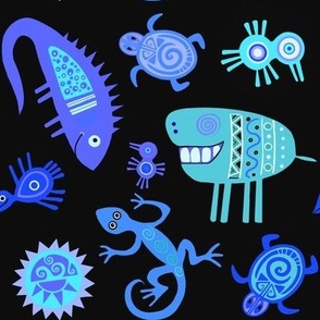 Quirky Aztec creatures blue on black 