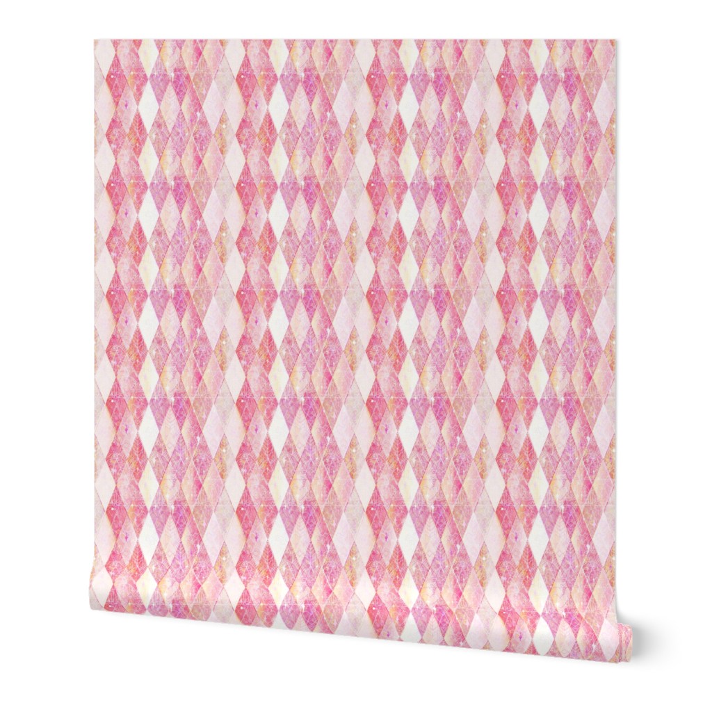 Tiny 1" Cotton Candy Heart Throb --  Pink Harlequin Argyle Diamonds -- Textured White and Light Pink Harlequin Diamonds with Lace-like Heart Pattern - Pink and White Christmas - LVC584 -- 5.99in x 4.98in repeat -- 850dpi (18% of Full Scale)