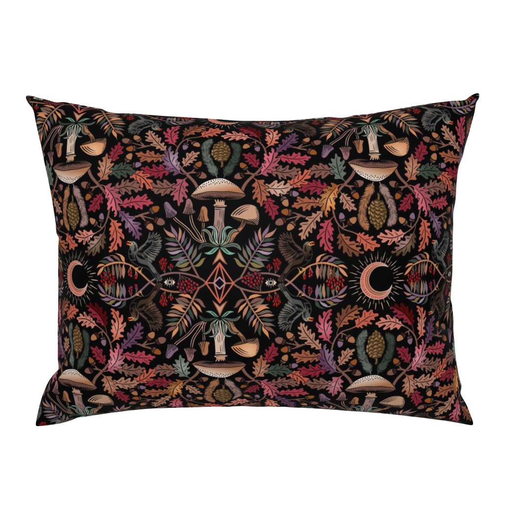 Autumn Botanical Kaleidoscope - black - Oaks and acorns, mushrooms, rowan, blackbirds and berries - large