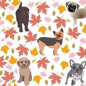 Dogs and  Fall Leaves Pug Doodle Frenchie dog Fabric 
