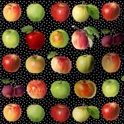 Tiny apples and dots on black ground