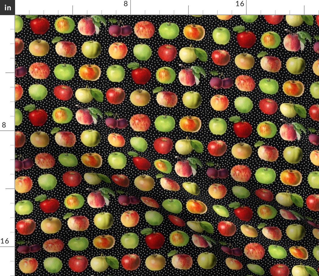 Tiny apples and dots on black ground