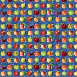 Tiny apples and dots on blue ground