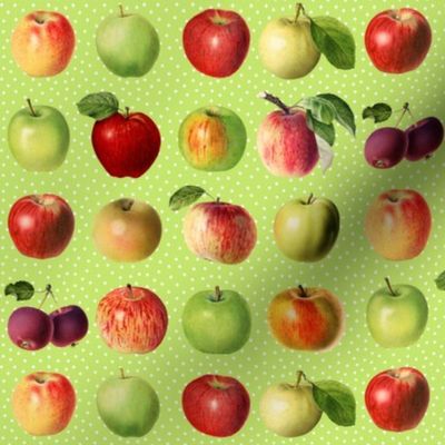 Tiny apples and dots on bright green ground