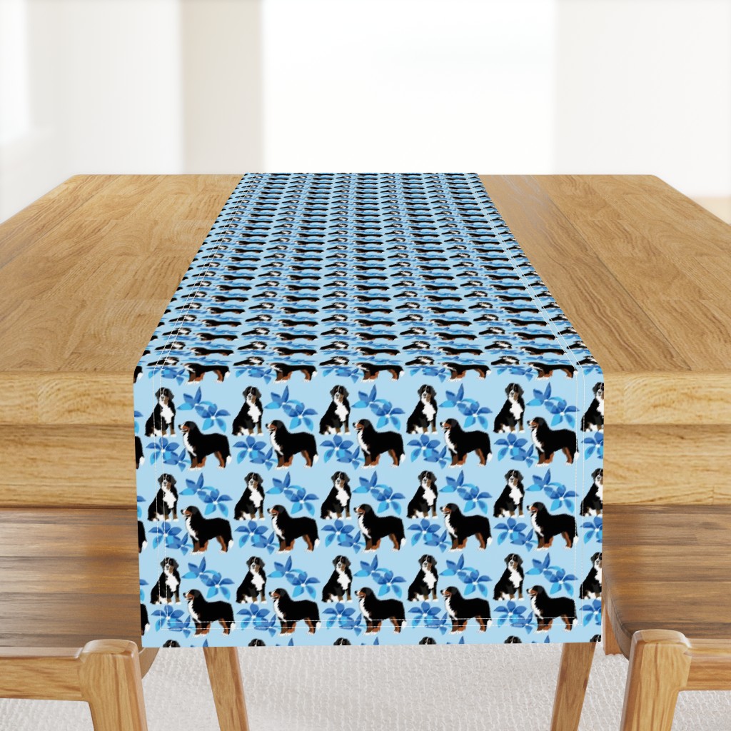 Bernese Mountain Dog  with blue flowers smaller print Dog Fabric