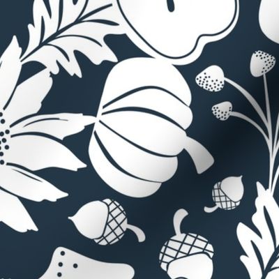 Autumnal Bounty - Fall Botanical - Dark Blue Silhouette Large Scale