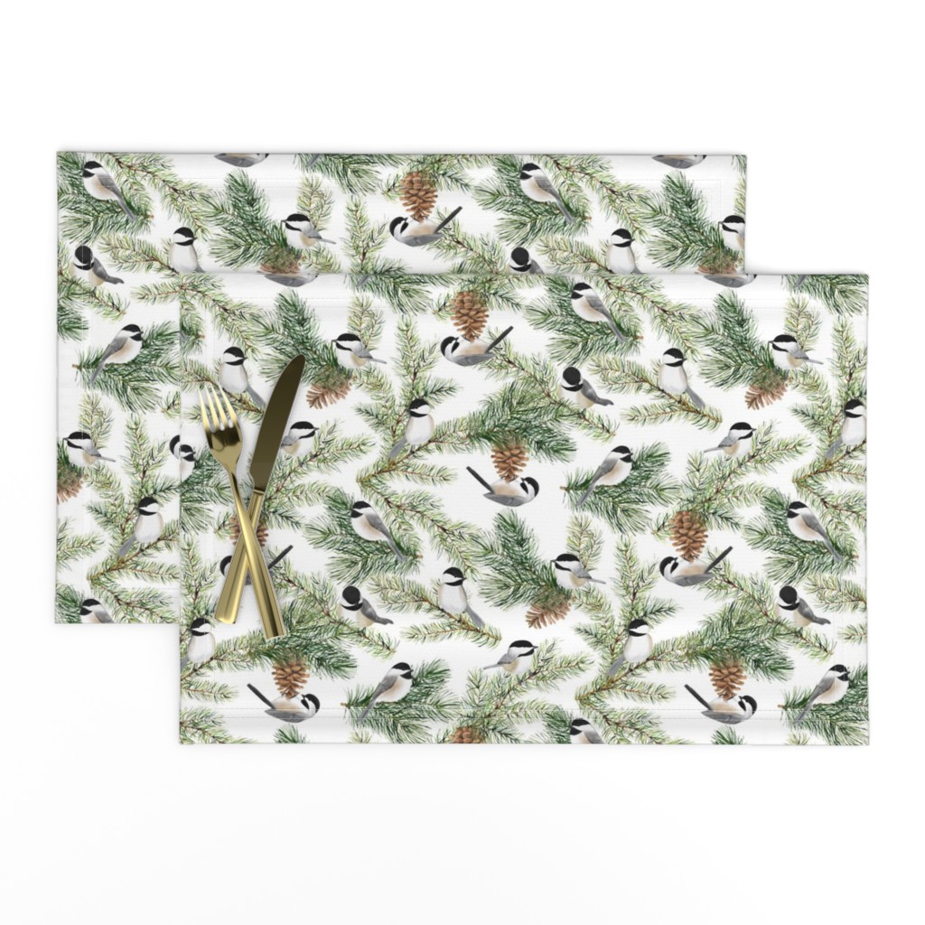 Chickadees and Pine Boughs White