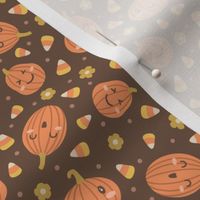 Kawaii Pumpkins, Candy Corn, & Flowers: Muted Orange on Brown (Small Scale)