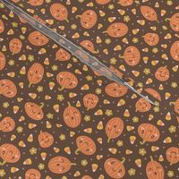 Kawaii Pumpkins, Candy Corn, & Flowers: Muted Orange on Brown (Small Scale)