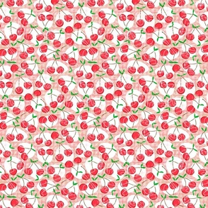 Cherry Cherry Gingham -- Red Cherries over Red Gingham with Cherry Leaves -- 727dpi (21% of full scale)