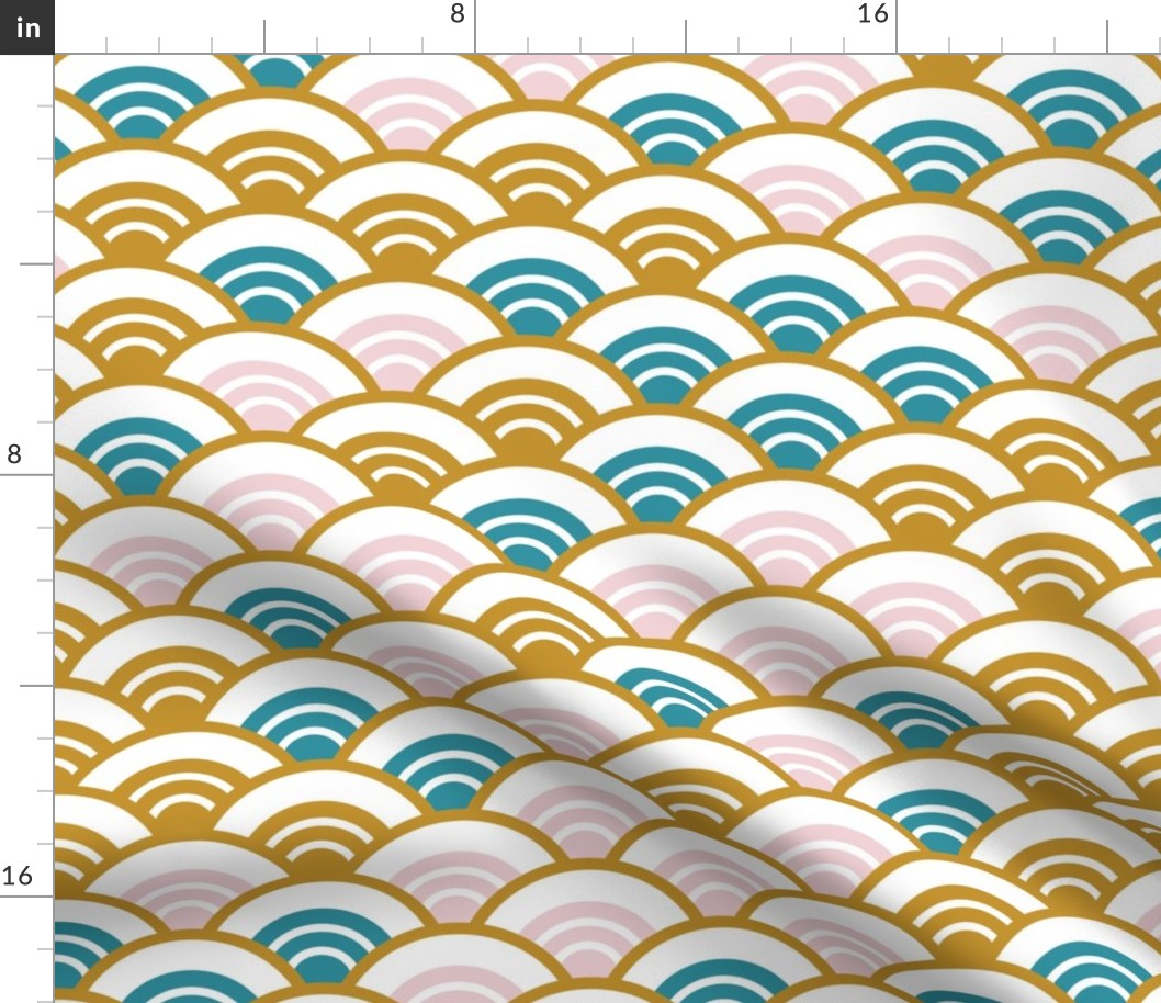 Seigaiha seigainami literally means wave of the sea. abstract scales simple Nature japanese circle pattern white Lagoon Mustard Cotton Candy 