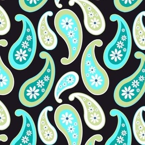 Retro Paisley aqua and green on black 