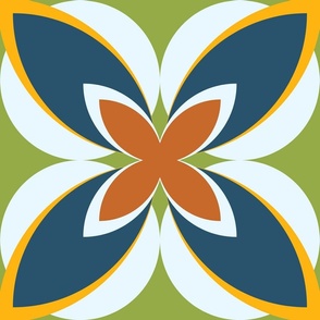 003 - $ Jumbo large scale modern geometric stylised Frangipani  flowers in deep dark Teal blue, Golden Yellow and Burnt Orange: jumbo scale for vintage duvet covers, wallpaper, cushions and retro home furnishings