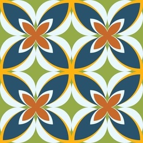 003 - $ Medium scale modern Frangipani in Teal, Golden Yellow, Blue and Burnt Orange:  for retro duvet covers, wallpaper, cushions and  vintage home furnishings