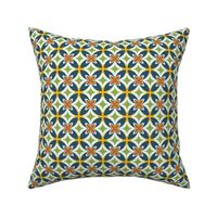 003 - $ Small scale modern Frangipani in Teal, Golden Yellow, Blue and Burnt Orange: small scale for retro duvet covers, wallpaper, cushions and vintage home furnishings
