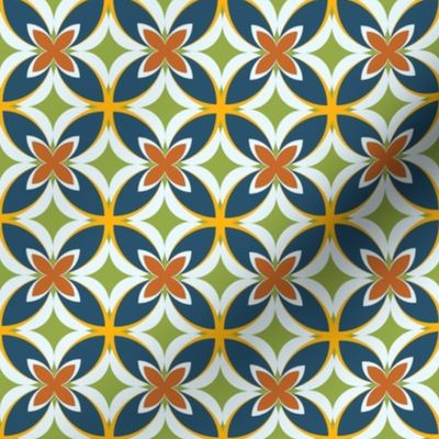 003 - $ Small scale modern Frangipani in Teal, Golden Yellow, Blue and Burnt Orange: small scale for retro duvet covers, wallpaper, cushions and vintage home furnishings