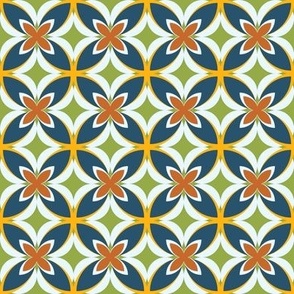 003 - $ Small scale modern Frangipani in Teal, Golden Yellow, Blue and Burnt Orange: small scale for retro duvet covers, wallpaper, cushions and vintage home furnishings