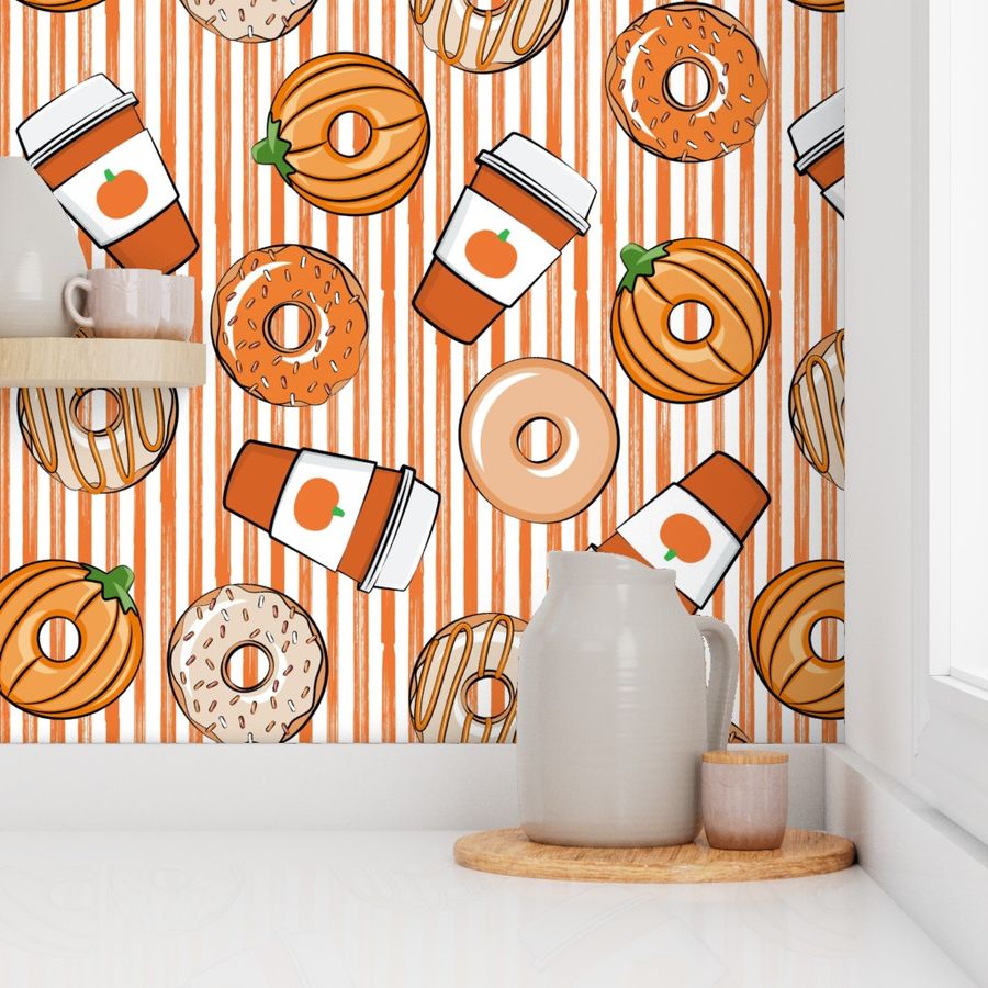 (1/2" scale) Coffee and Fall Donuts - PSL pumpkin fall donuts toss - orange stripes - (90