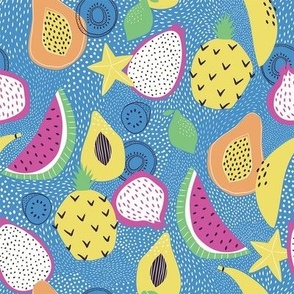 Illustrated Tropical Fruits on Blue