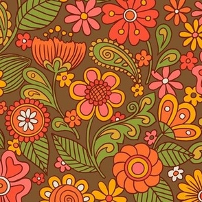 70s Floral- Brown Background