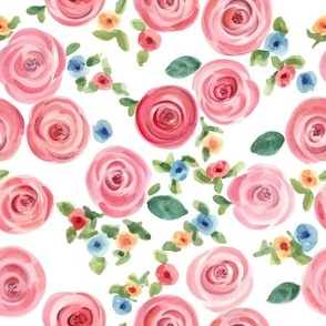hand drawn watercolor roses and cute little flowers seamless pattern