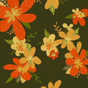 Orange Flowers with Dark Olive Green Background