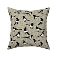 Magpies on Neutral Taupe Leaves